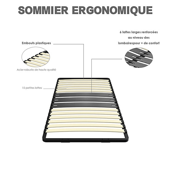 Cadre lattes 90x190 cm, 1x15 Lattes Peuplier Naturel