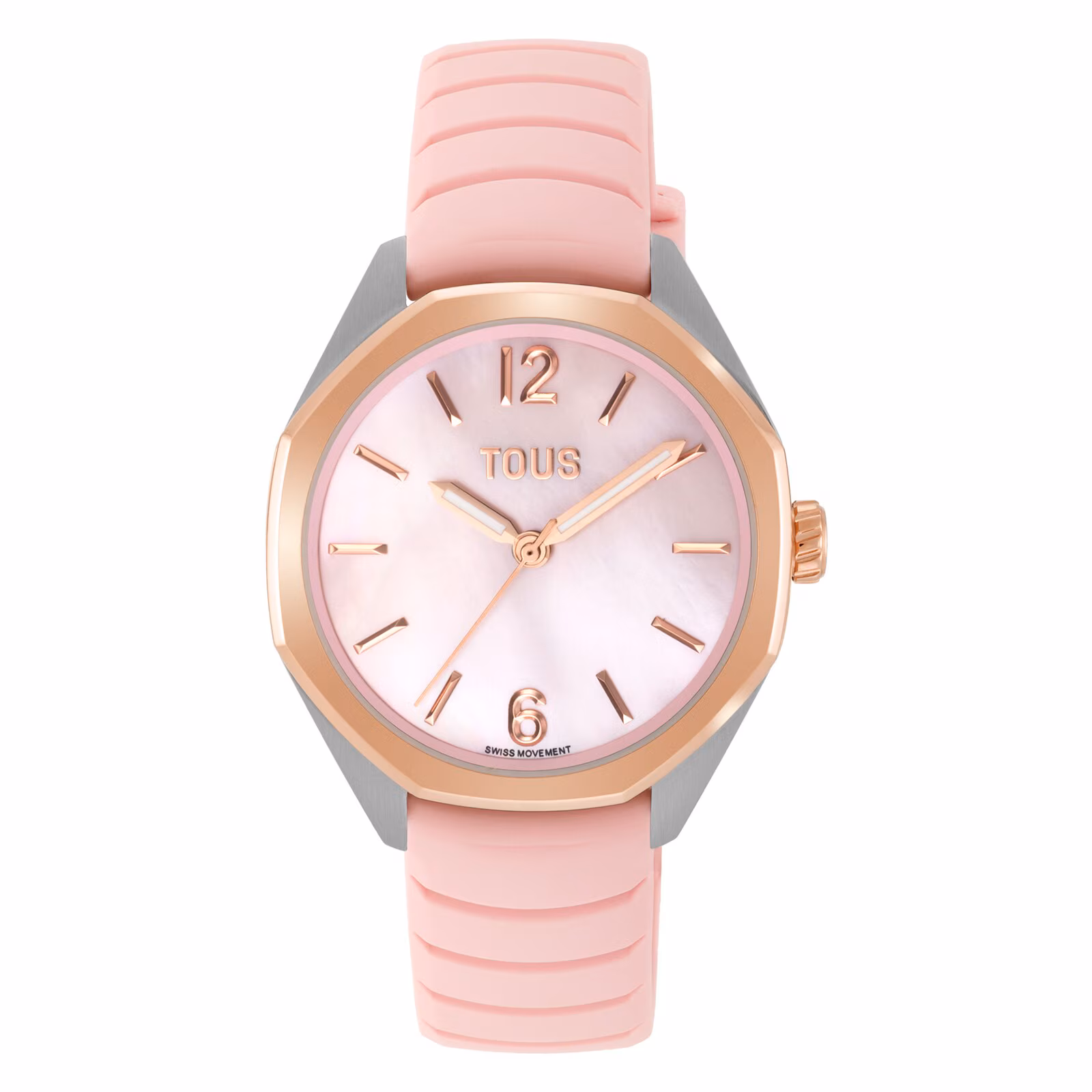 Reloj bicolor analógico con movimiento suizo, esfera de nácar y correa de caucho rosa TOUS Now Lady