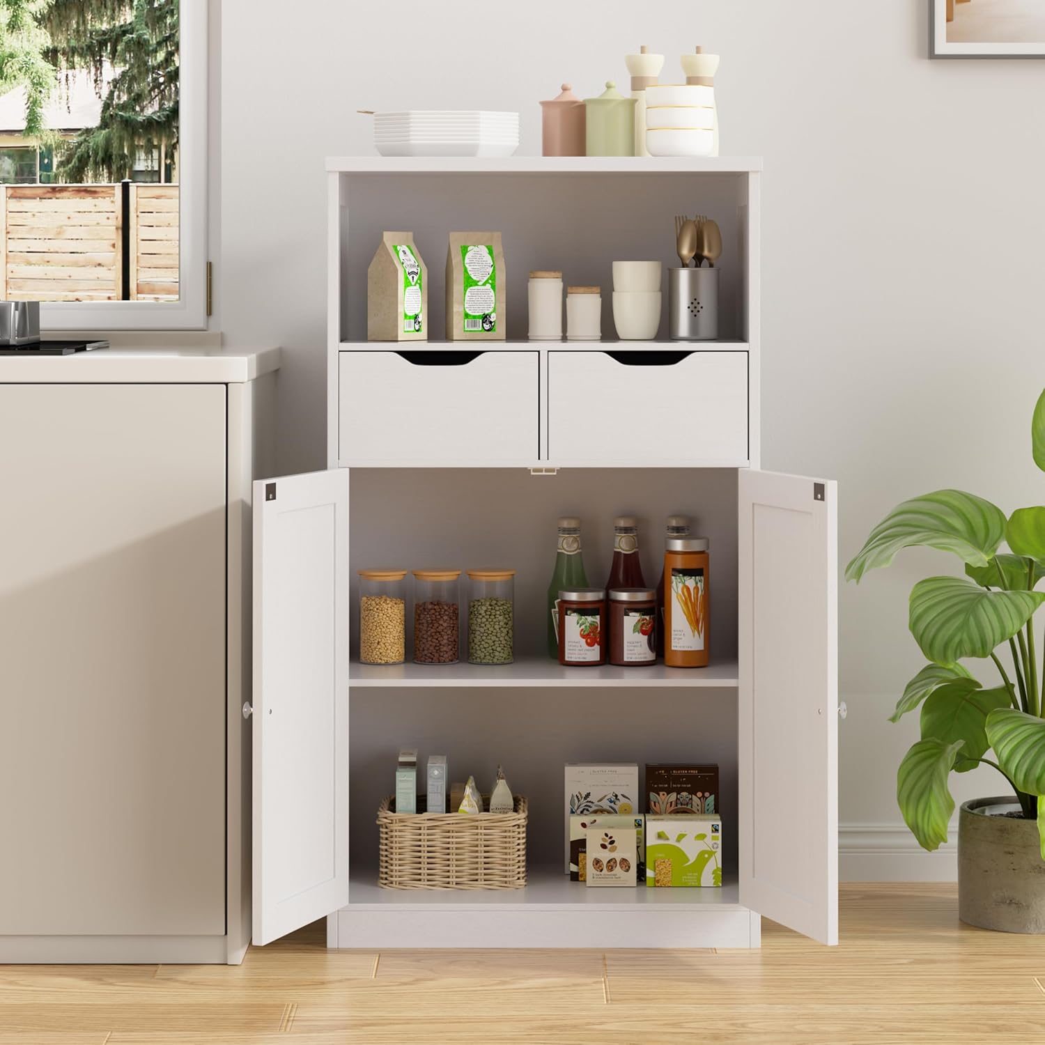 Walsunny Floor Storage Cabinet, Organizer with Doors and Drawers, Freestanding Side Cupboard Pantry with Adjustable Shelf for Bathroom/Living Room(White)