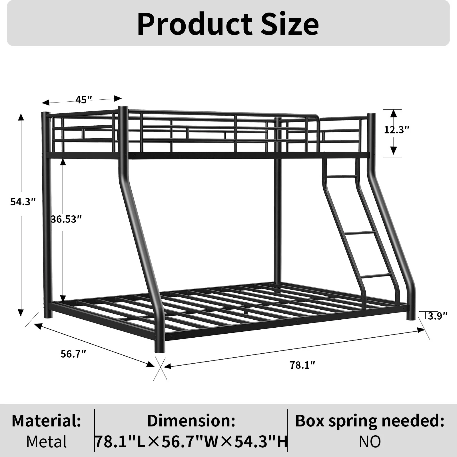 Twin Over Full Metal Bunk Bed, Heavy Duty Metal Bunk Bed Frame, Bunk Bed Twin Over Full with Ladder & Full-Length Guardrail