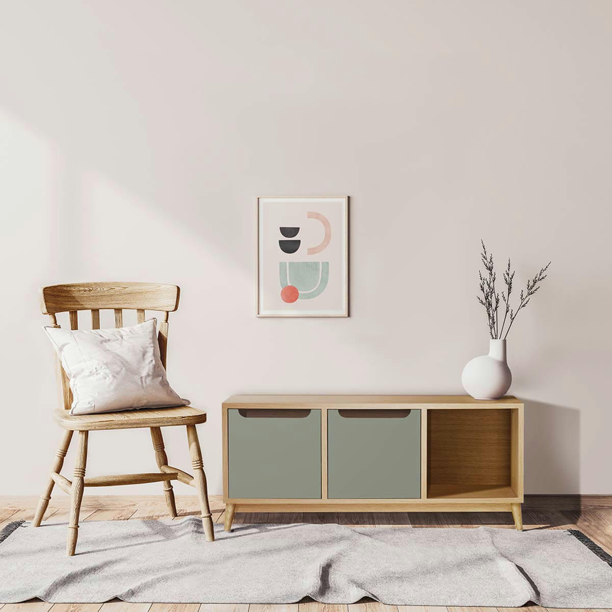 KILT - Meuble bas, 2 portes, 1 niche de rangement, chêne et kaki.