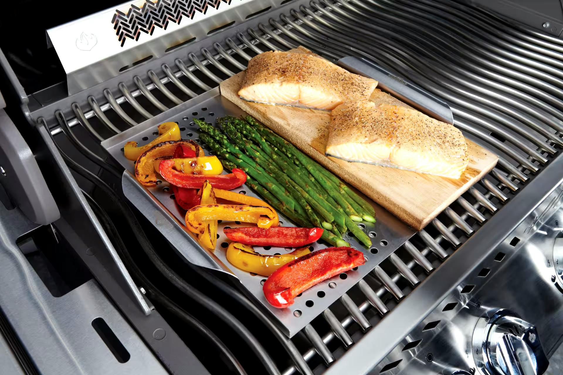Napoleon Stainless Steel Multi-Functional Grill Topper with a Cedar Plank, Perforated Side for Vegetables, Solid Side for Plank or Searing