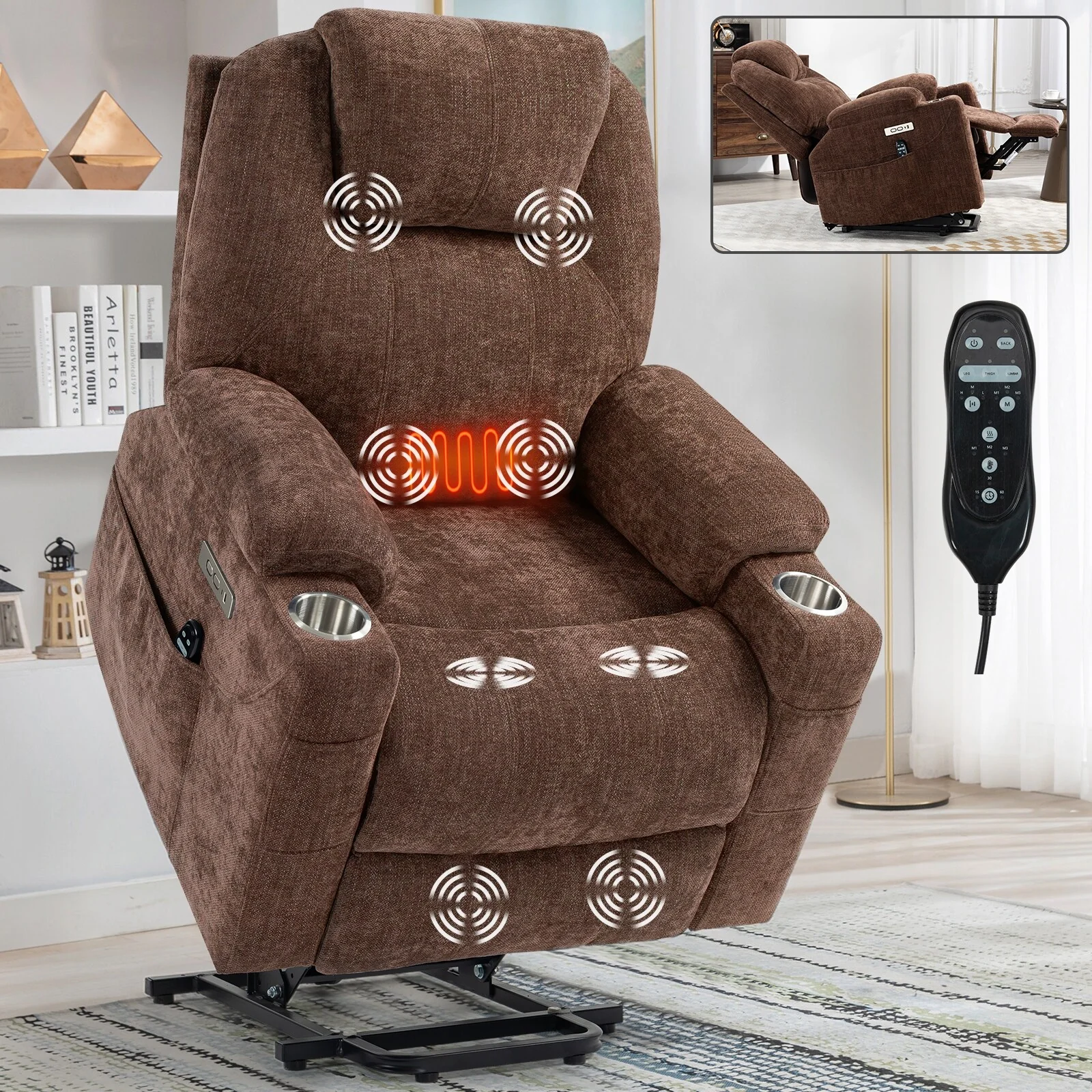 Blue Power Lift Recliner with Vibration Massage, Heat, USB, and Cup Holders