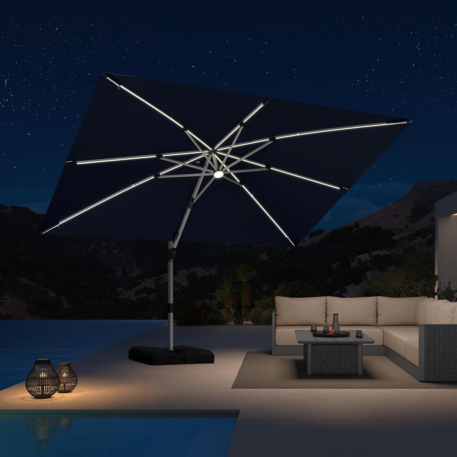 PURPLE LEAF 9' X 12' Patio Umbrella with Lights Outdoor Rectangle Cantilever Umbrella Solar Powered LED with 360-degree Rotation for Garden Deck Pool Patio, Navy Blue