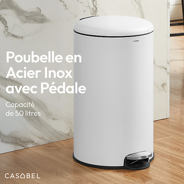 CASABEL Poubelle Cuisine 50L - 100% Acier Inoxydable, Anti-Traces de Doigts, Corbeille Ronde avec Pédale et Couvercle, Blanc