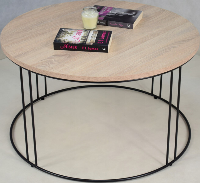 Okrągły Stolik Kawowy Z Drutu Do Salonu Loft 75x75x43 Czarny Dąb Sonoma