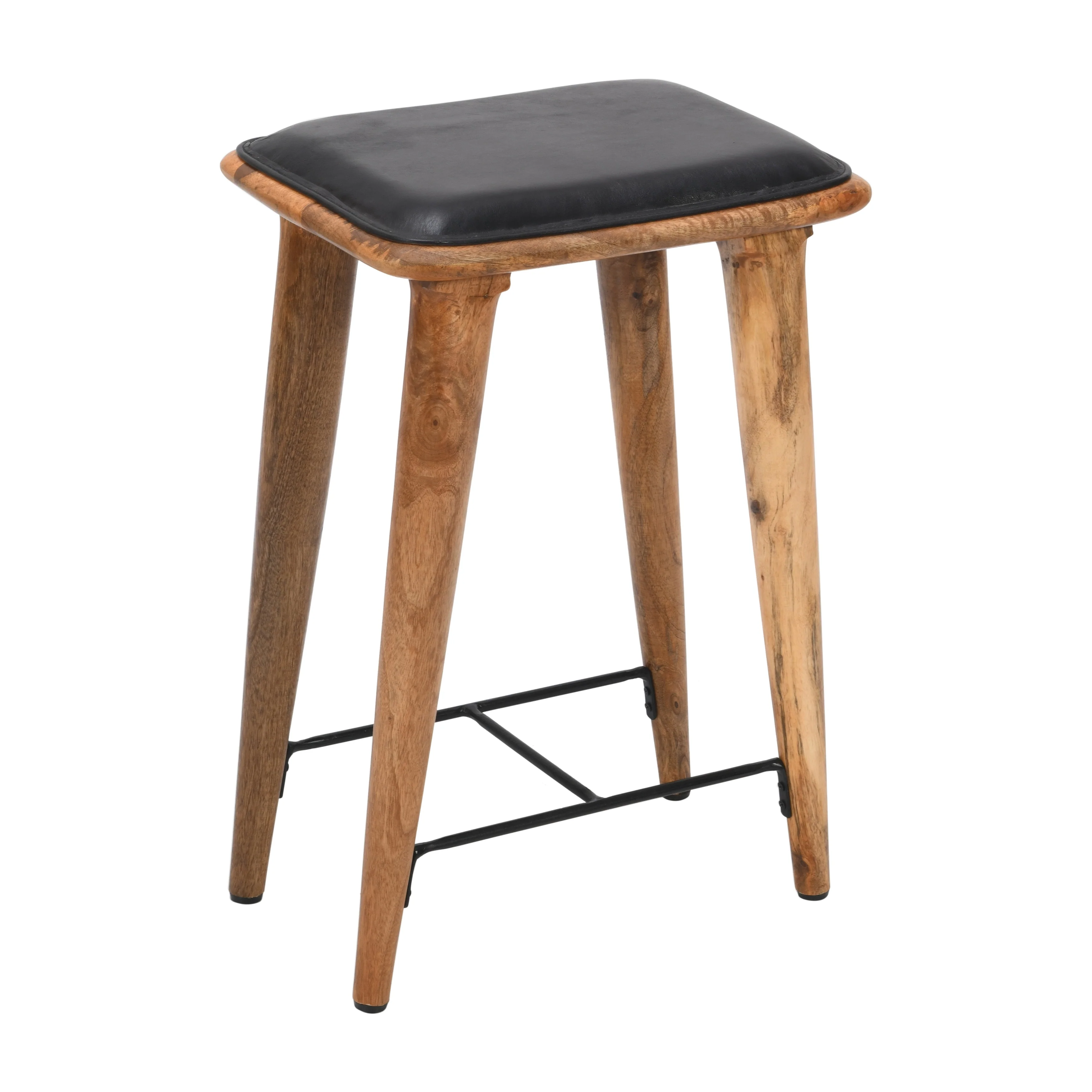 25 Inch Counter Height Bar Stool, Genuine Leather Seat, Mango Wood Frame, Black, Brown