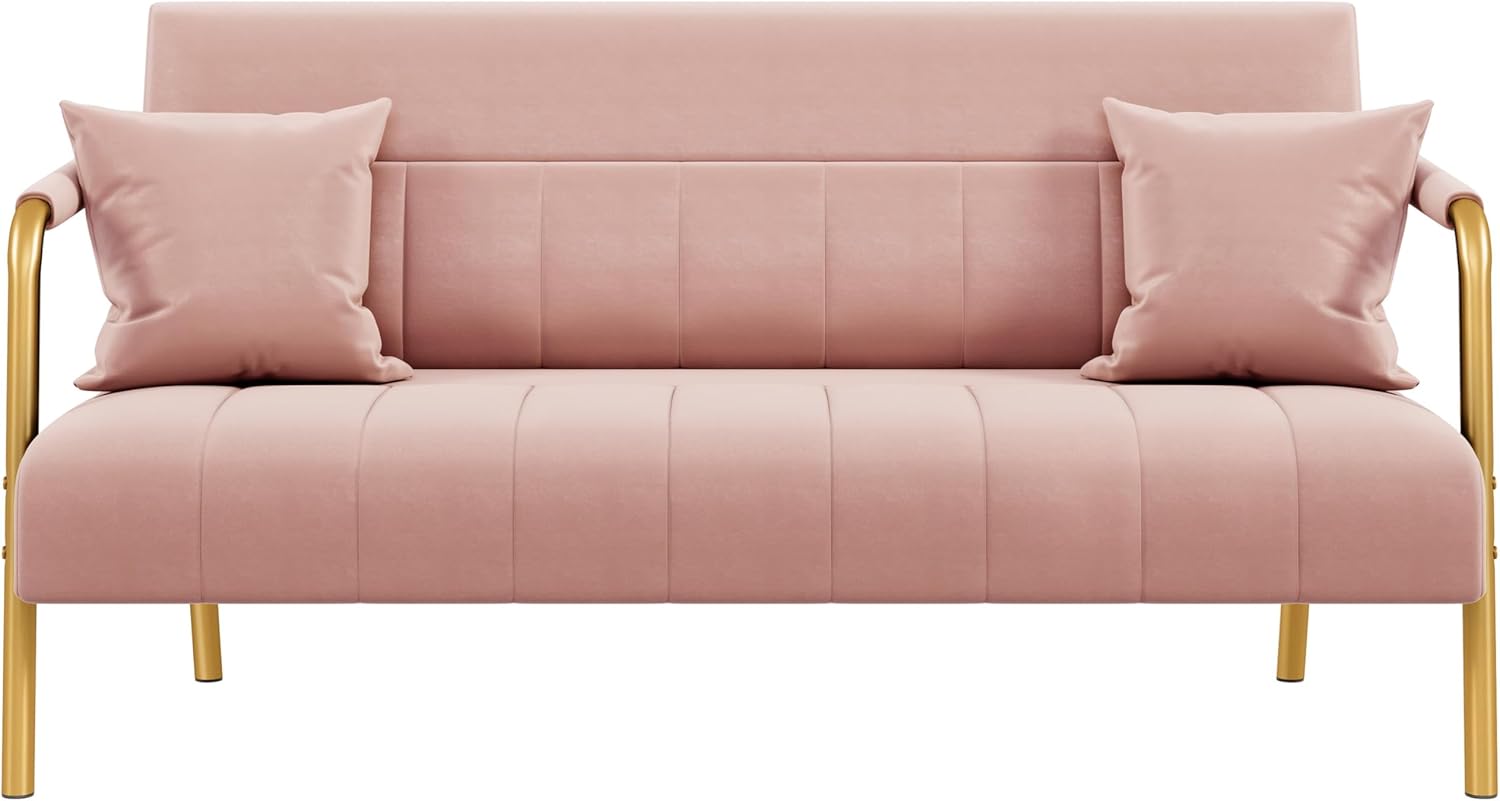 Yaheetech 56.5 W Modern Sofa Small Sofa Luxurious Velvet Fabric Couch with Gold-Tone Metal Arms and Legs for Living Room, Home Office, Studio Pink