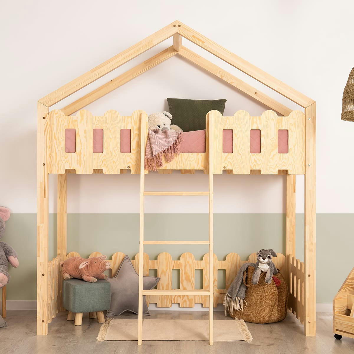 LEXIE - Lit cabane mi-hauteur 90x200 sommier inclus naturel