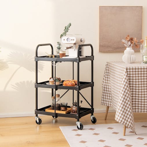 NNECW 3-Tier Folding Trolley Cart with Universal Wheels and Handrails for Home/Office/Kitchen