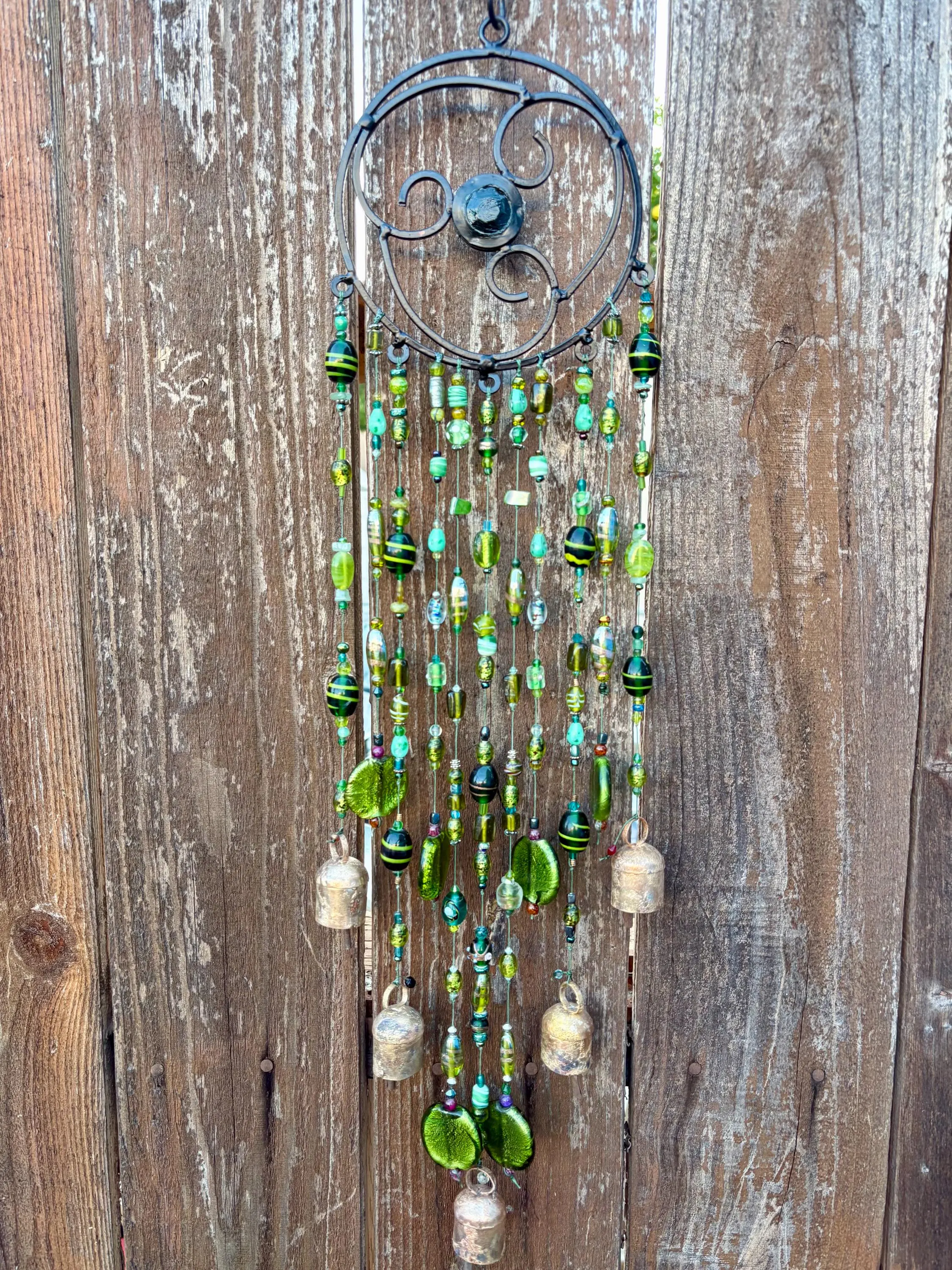 Celtic Triquetra with Bells Wind Chime Trinity Symbol Hanging Hand-Beaded Green Glass Garden Mobile Celtic Knot Sun Catcher Decor