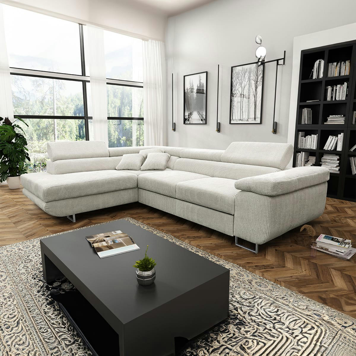 - Canapé d'angle convertible gauche 4 places coffre velours côtelé blanc