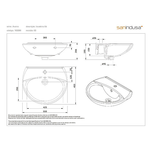 Lavabo mural 55 cm céramique traditionnelle SANINDUSA Aveiro blanc sans trous
