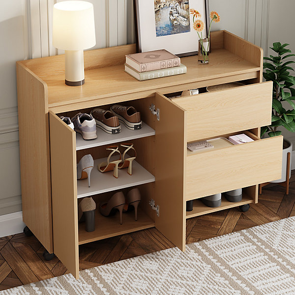 Meuble à Chaussures Mobile avec étagères Réglables et Espaces Ouverts, MDF avec Roulettes - 110x35x86 cm, Naturel