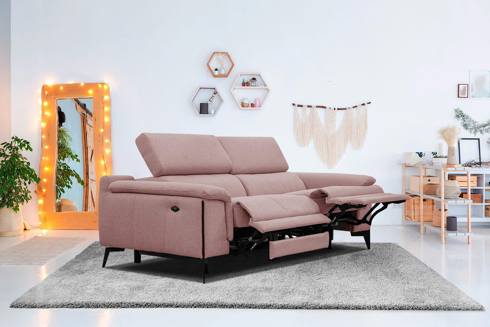 MATERA - Canapé droit 3 places avec 2 relax électrique tissu rouge