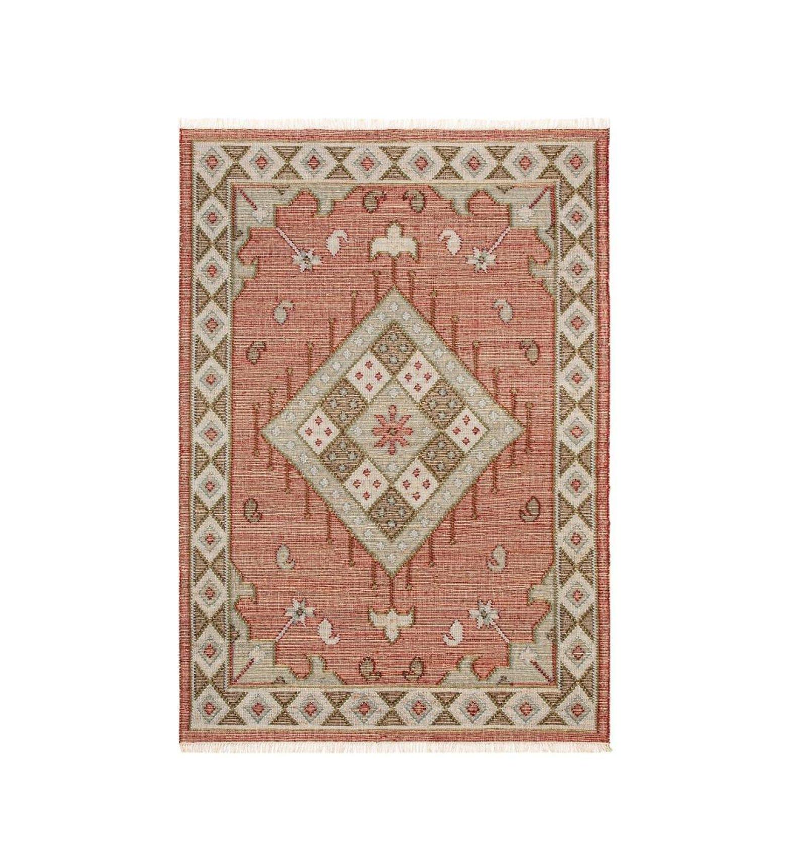 Hand Knotted Wool Rug: Vintage Oriental Geometric Medallion Carpet (Pink Beige)