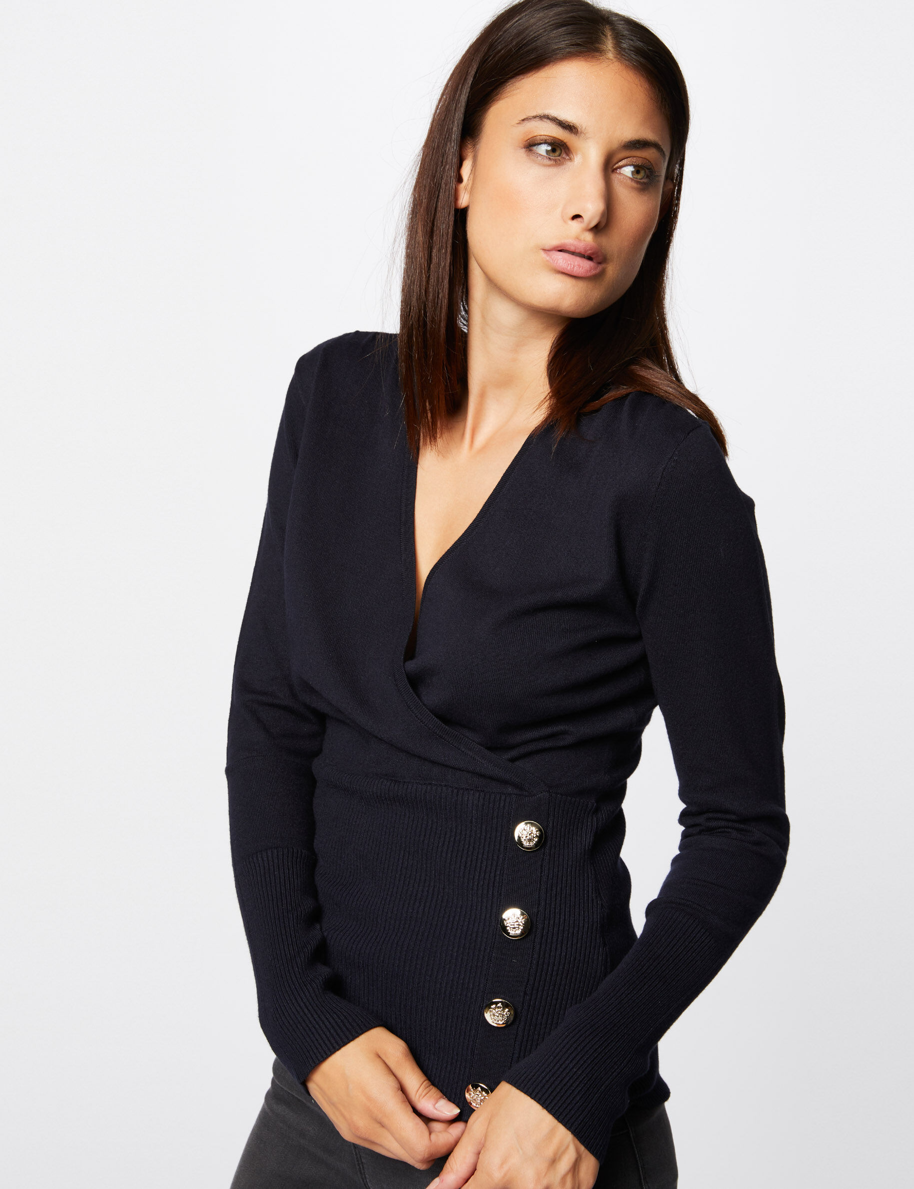 Long-Sleeved Jumper Wrap-Over Neckline Navy Women