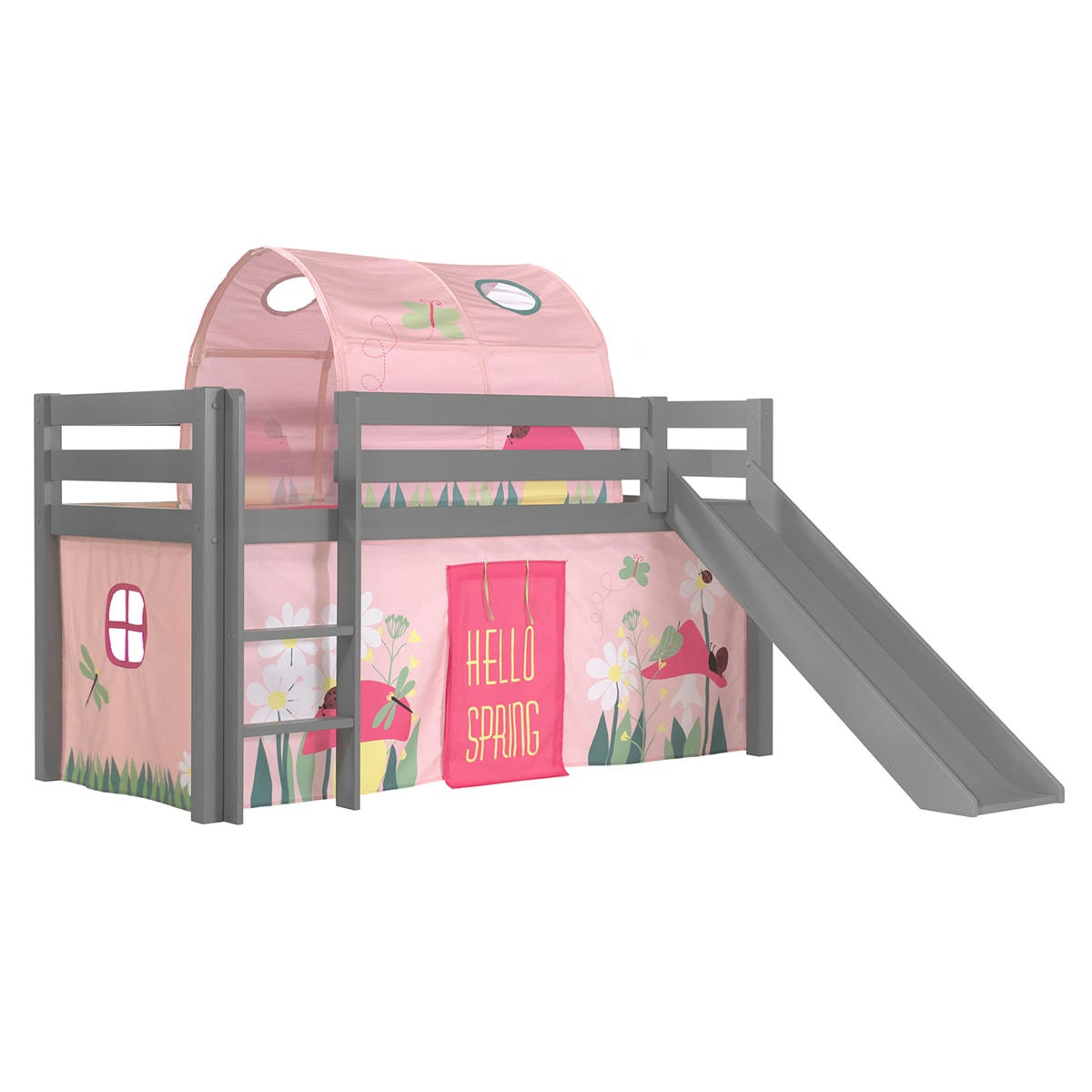 PINO - Lit mi-hauteur 90x200 toboggan sommier inclus housse spring gris