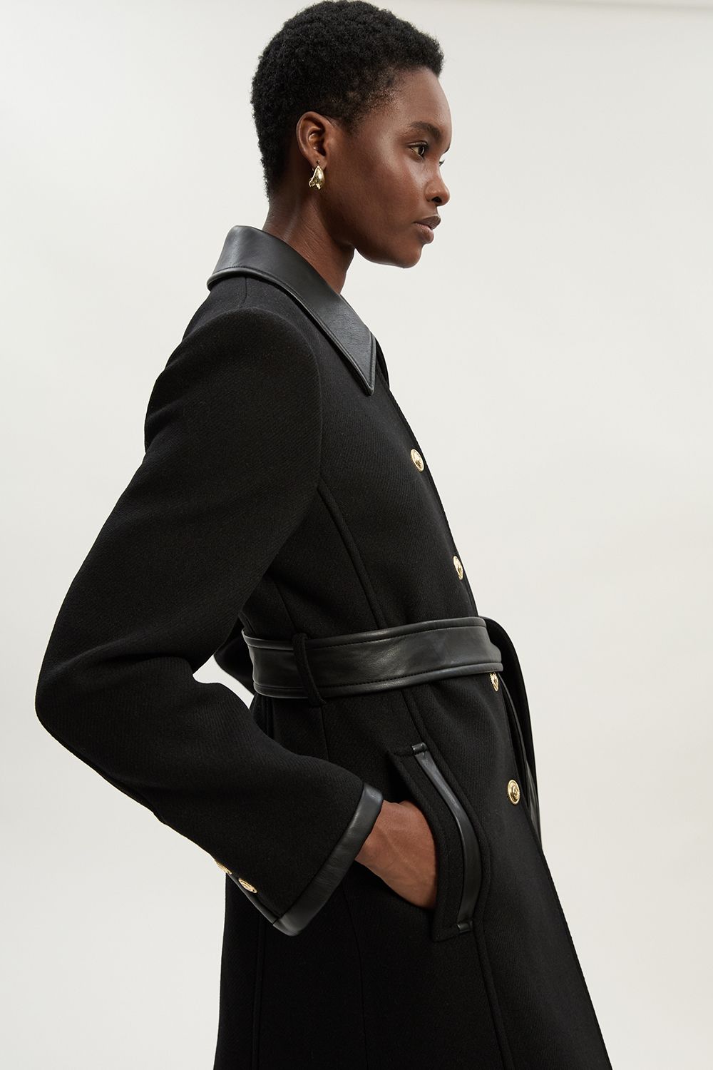 KarenMillen Wool Pu Mix Belted Tailored Maxi Coat