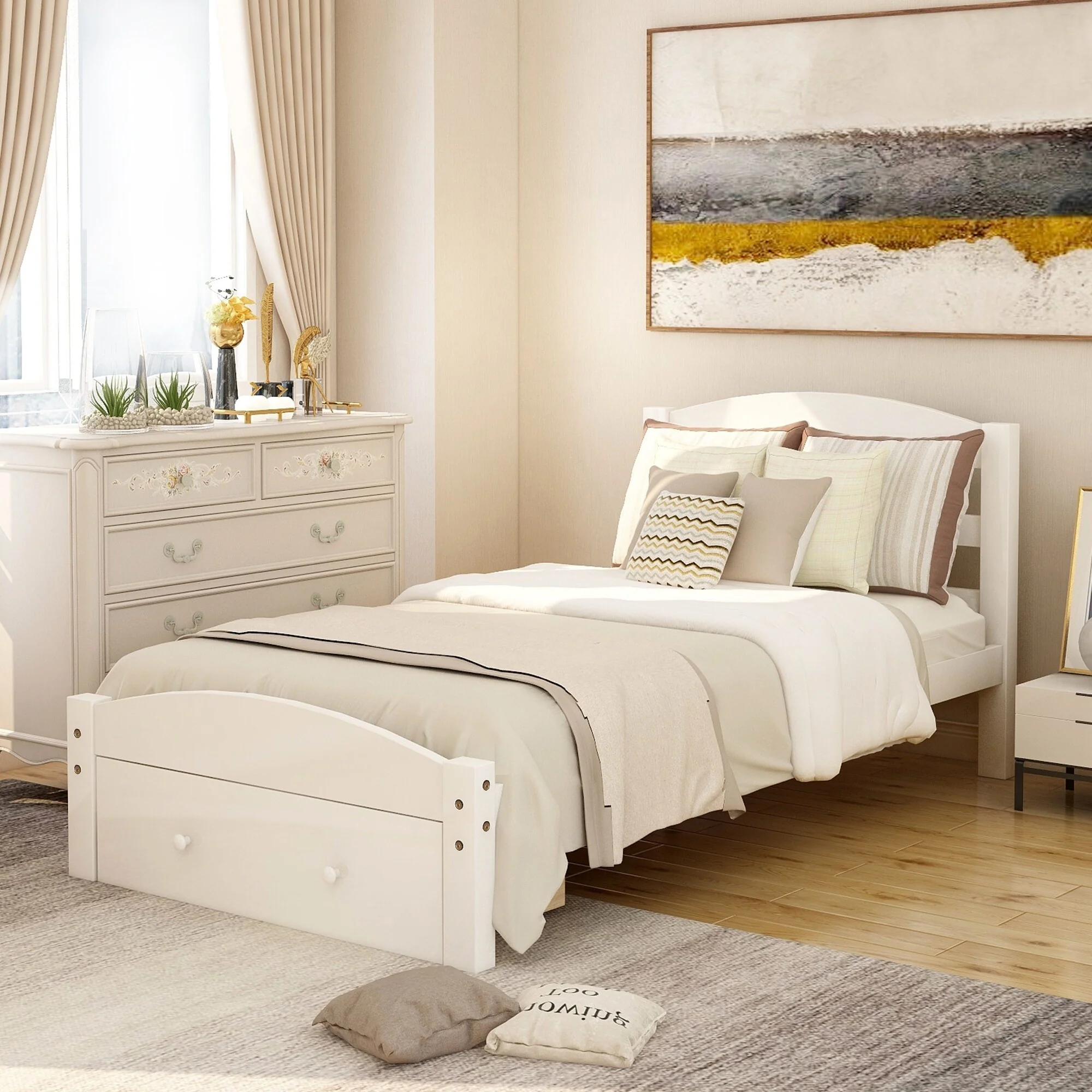 Twin Size Wood Platform Bed with Storage Drawer and Curved Headboard