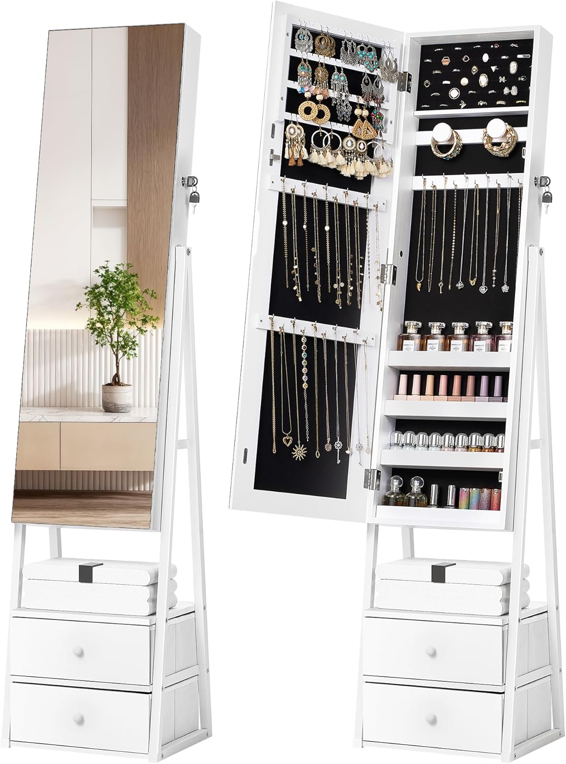 Nicetree Jewelry Cabinet Armoire with 2 Drawers, Lockable Standing Mirror Jewelry Cabinet, Full Length Mirror with Jewelry Storage, Gift Idea, White