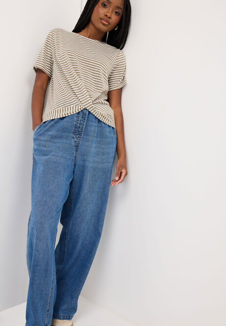 Womens Sage Stripe Front Knot T-Shirt