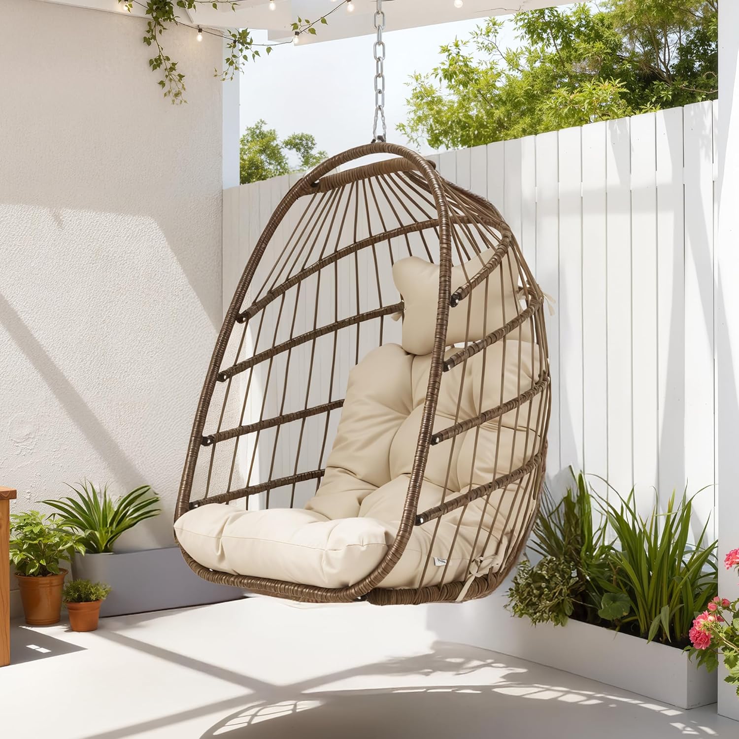 RADIATA Outdoor Hanging Egg Chair Without Stand, Foldable Wicker Rattan Ceiling Swing Chair with Padded Cushion, 350Lbs Heavy-Duty Egg Shell Hammocks for Tree Patio Balcony Garden Indoor, Brown