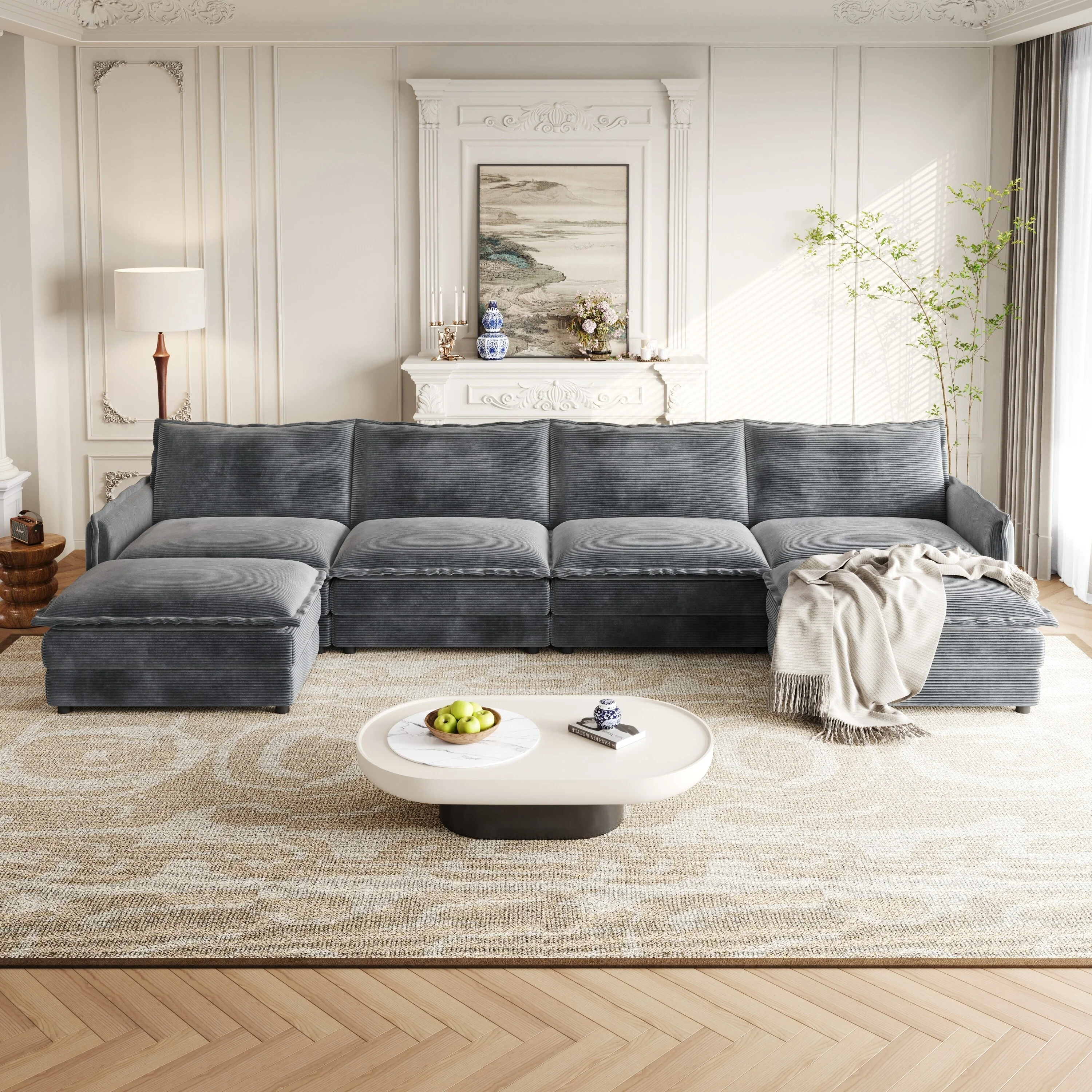 U Shaped Deep Seat Cloud Couch Oversized Corduroy Upholstered Modular Sectional Sofa Couch with 2 Movable Ottomans