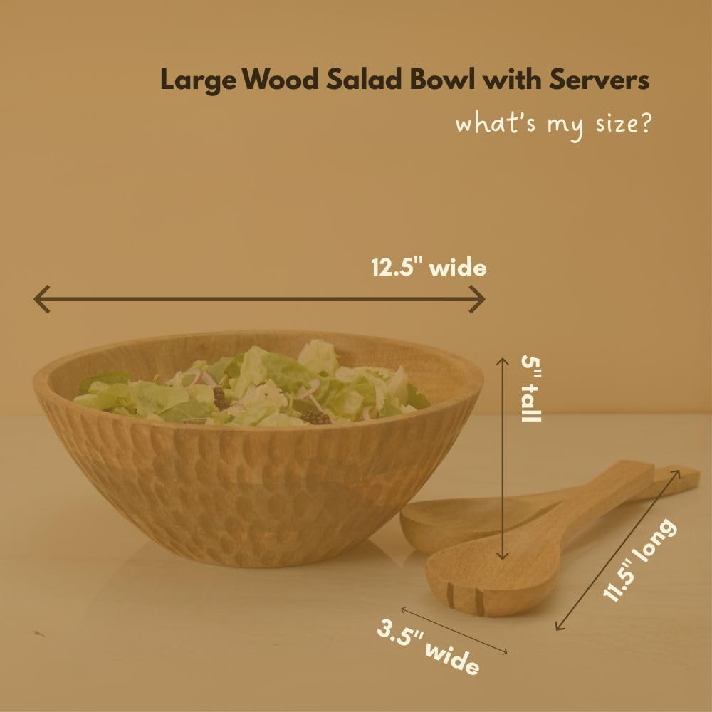 Salad Bowl with Servers, Wooden Bowl, 12.5 Wide