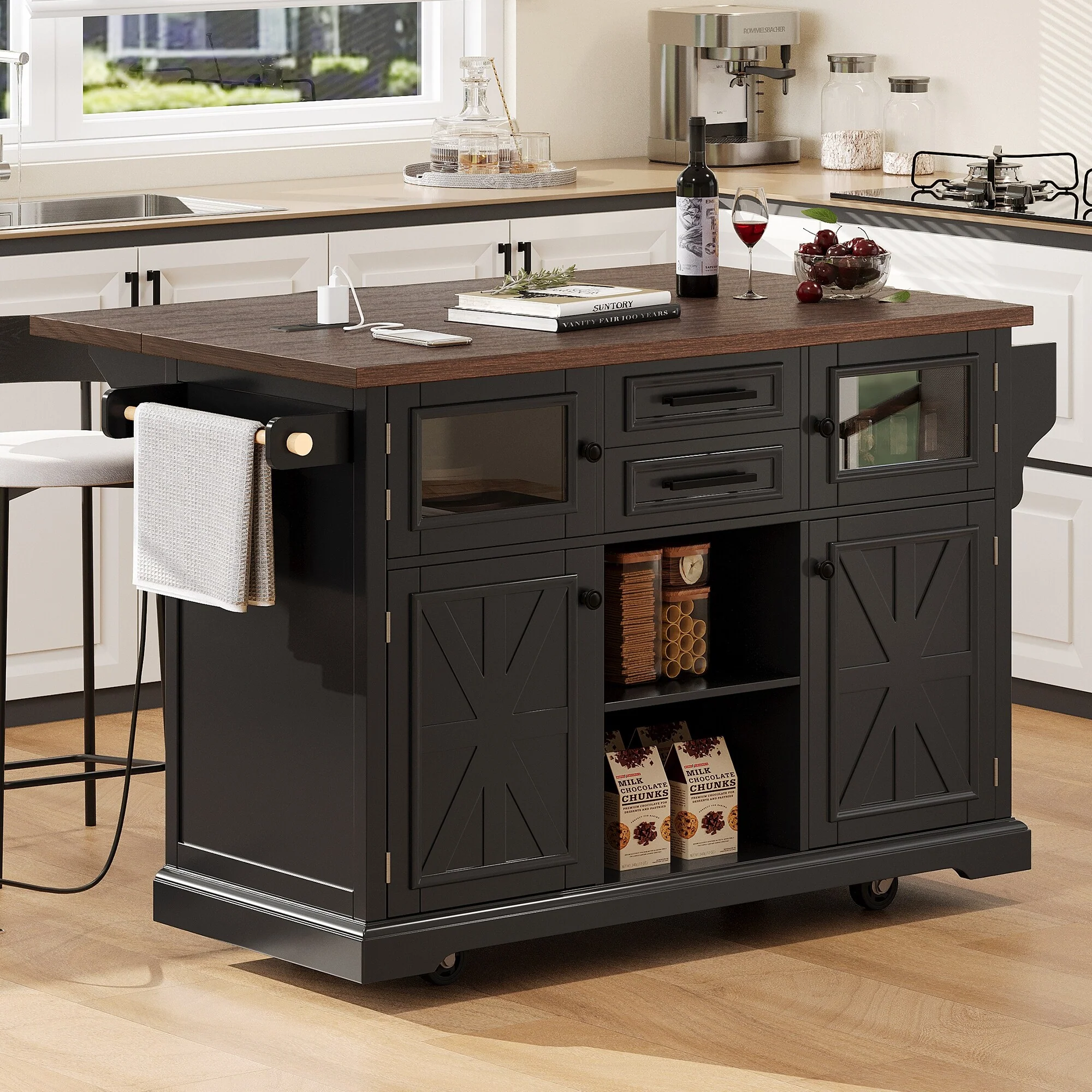 54.9 Kitchen Island with Drop Leaf, Power Outlet, Kitchen Storage Cart with 4 Door Shelves,Cross Barn Doors & Visual Glass Door