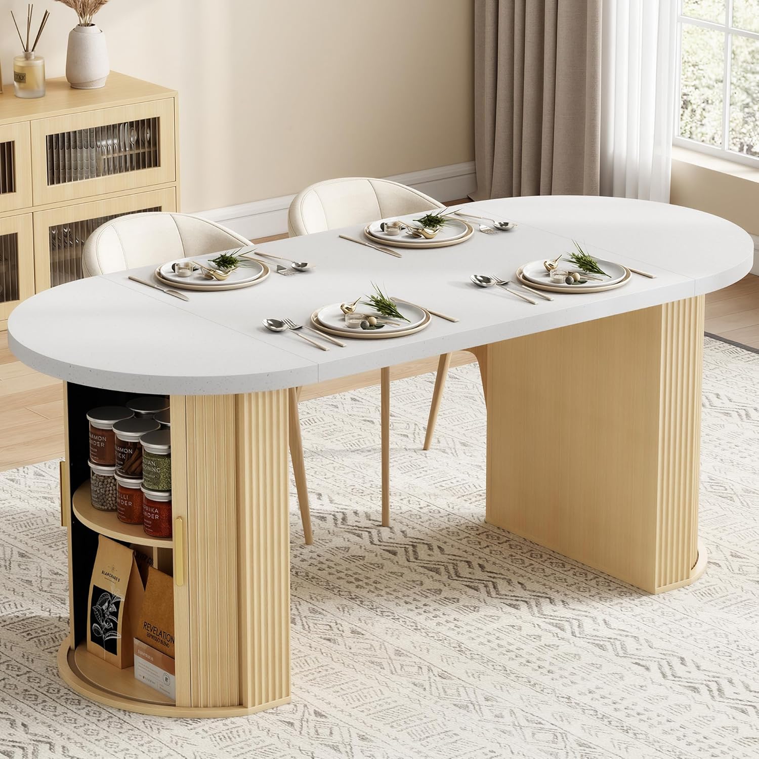 IRONCK 71 Oval Dining Table for 4-6 with Hidden Storage, Modern Farmhouse Kitchen Table with Fluted Semi-Cylindrical Legs, Faux Quartz Top for Dining Room, Kitchen, Living Room & Home Office (Oak)