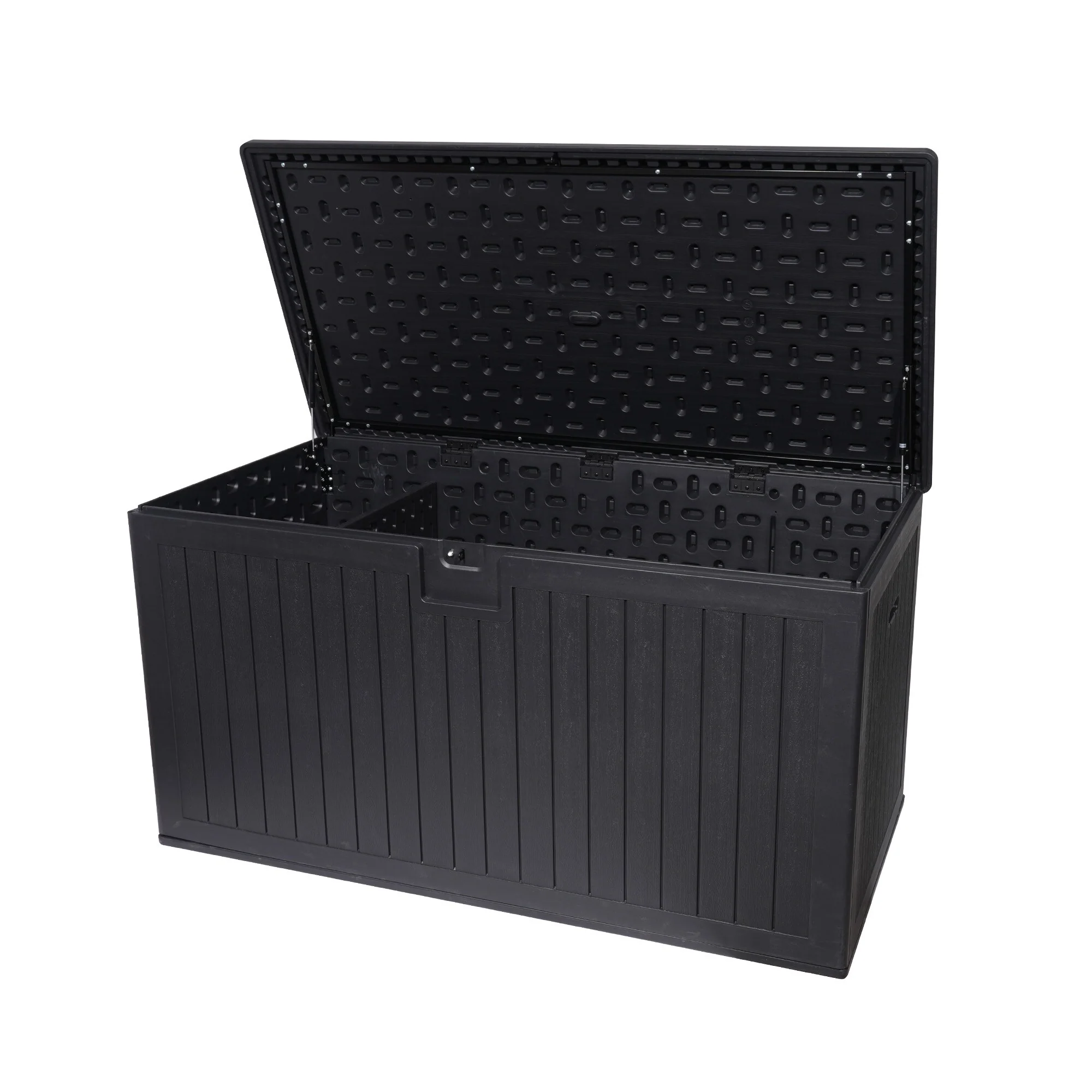 Black Heavy Duty Resin Storage Deck Box with Hydraulic Lid and Table for Patio Poolside and Garden