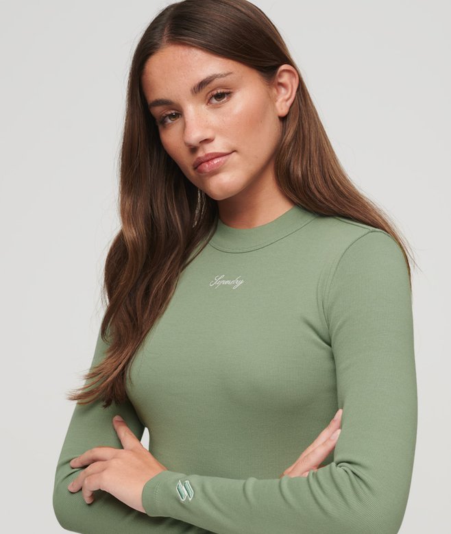 Ribbed Long Sleeve Embroidered Crop Top