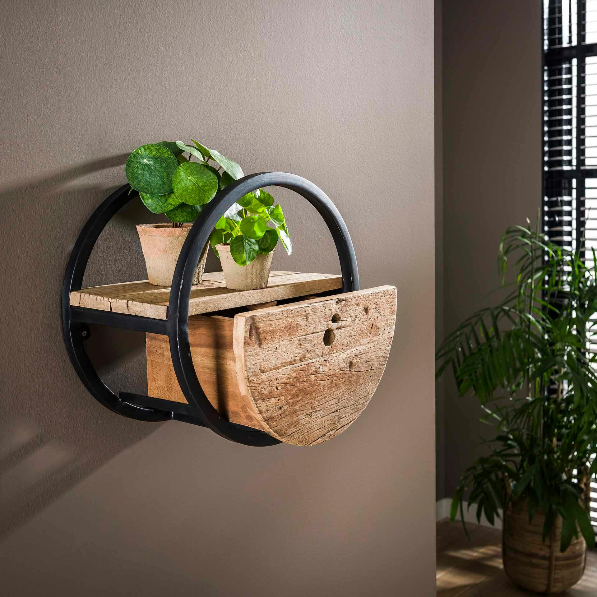 Etagère murale ronde bois recyclé brut 1 tiroir D40 cm CYCLADES