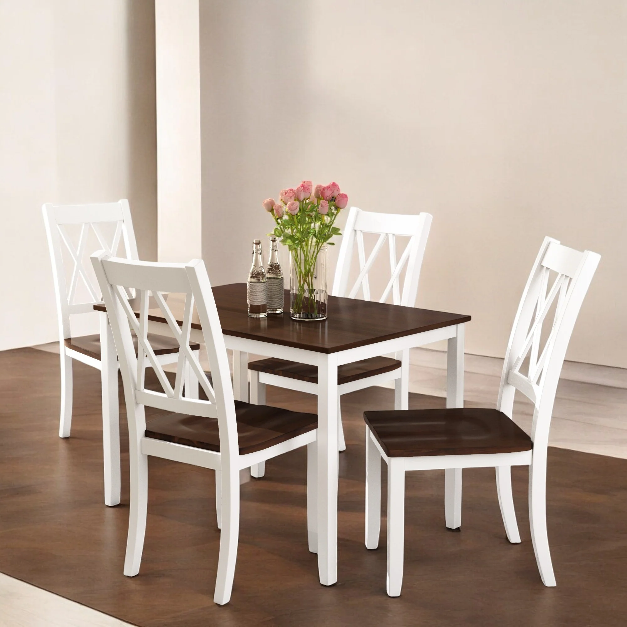 5-Piece Solid Wood Farmhouse Dining Set with Ergonomic Chairs and Waterproof Acacia Top for Dining Room and Kitchen