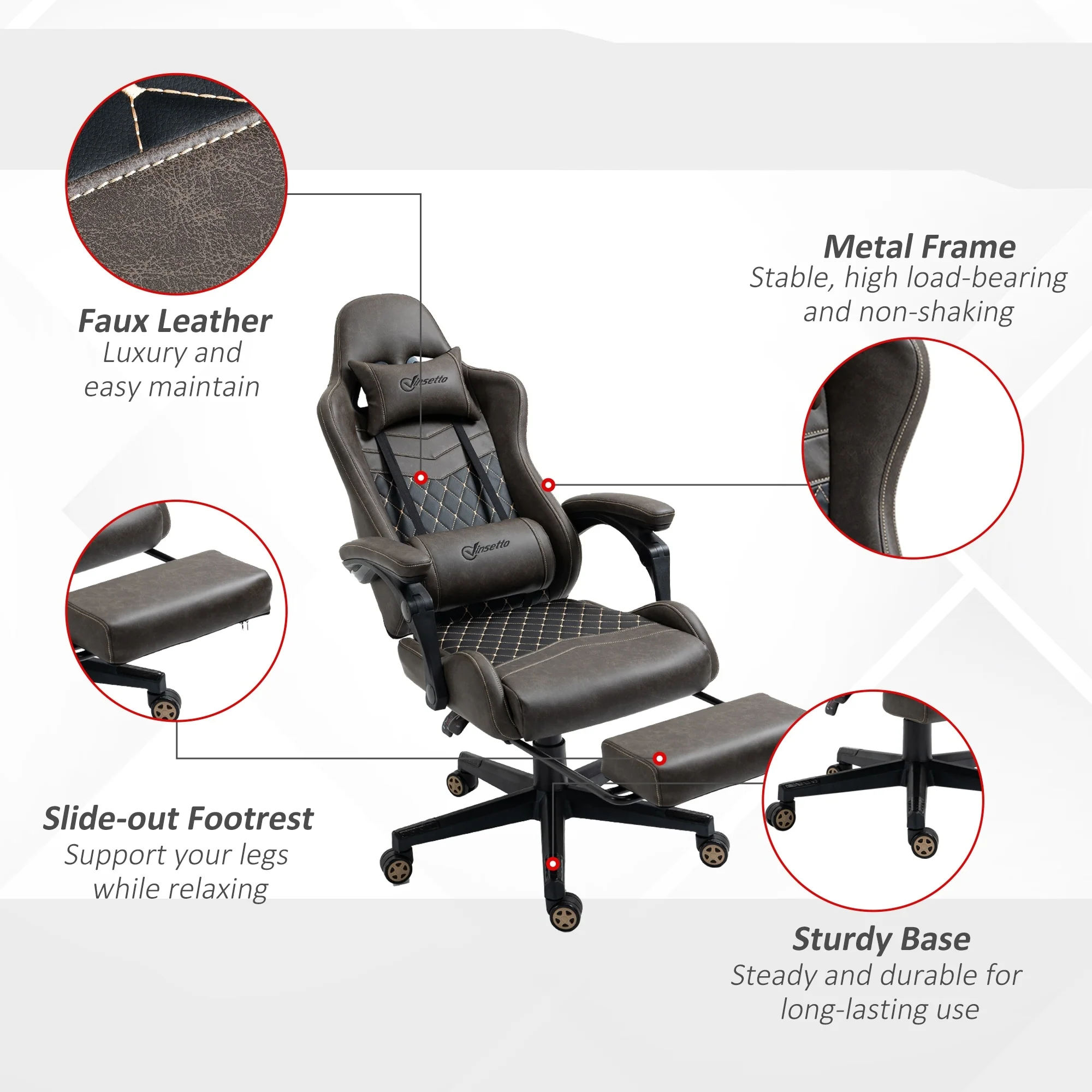 Brown PU Leather 360° Swivel Racing Gaming Recliner with Footrest, Headrest, Lumbar Support, Adjustable Height
