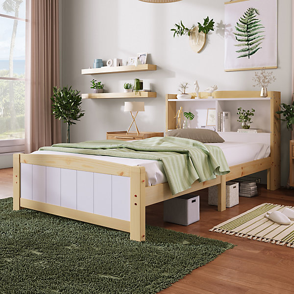 Lit simple 90 x 200 cm - Lit avec Rangement Tête de Lit - Bois Massif et MDF - Sans Matelas - Blanc