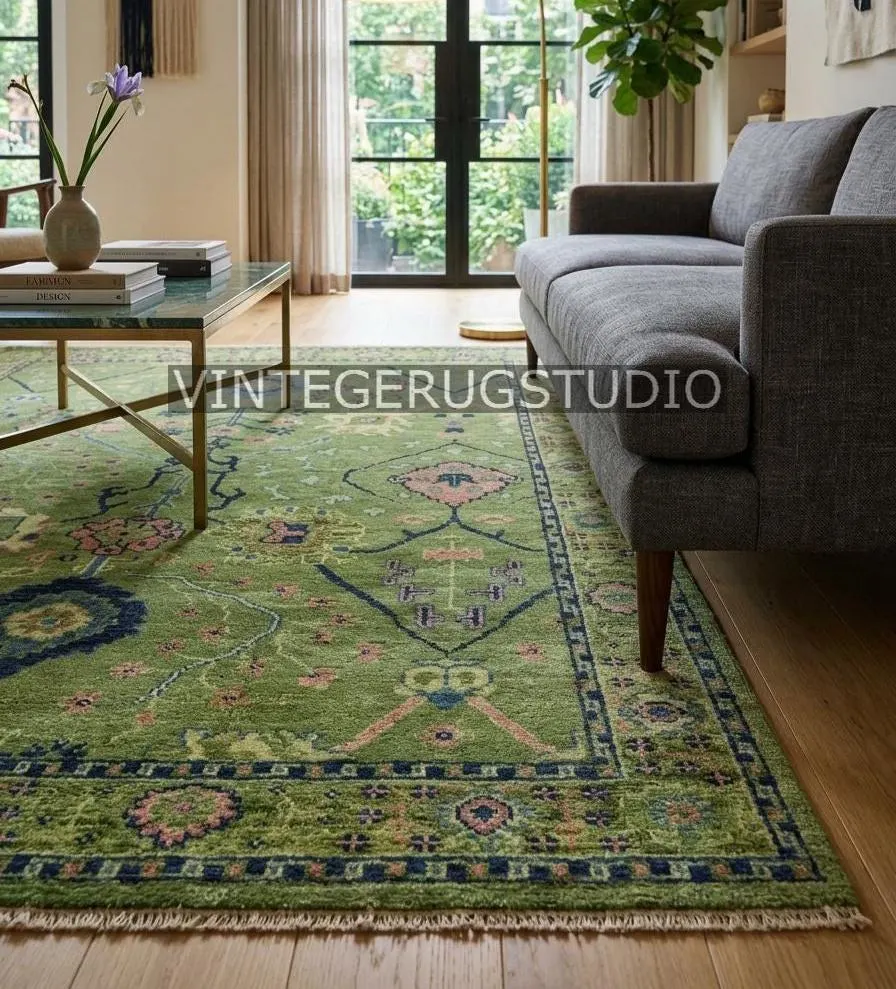 Green Floral Rug, Vintage Oushak Area Rug 8x10 9x12, Hand Knotted Persian Oriental Rug, Boho Decor, Living Room, Bedroom, Hallway, Kitchen