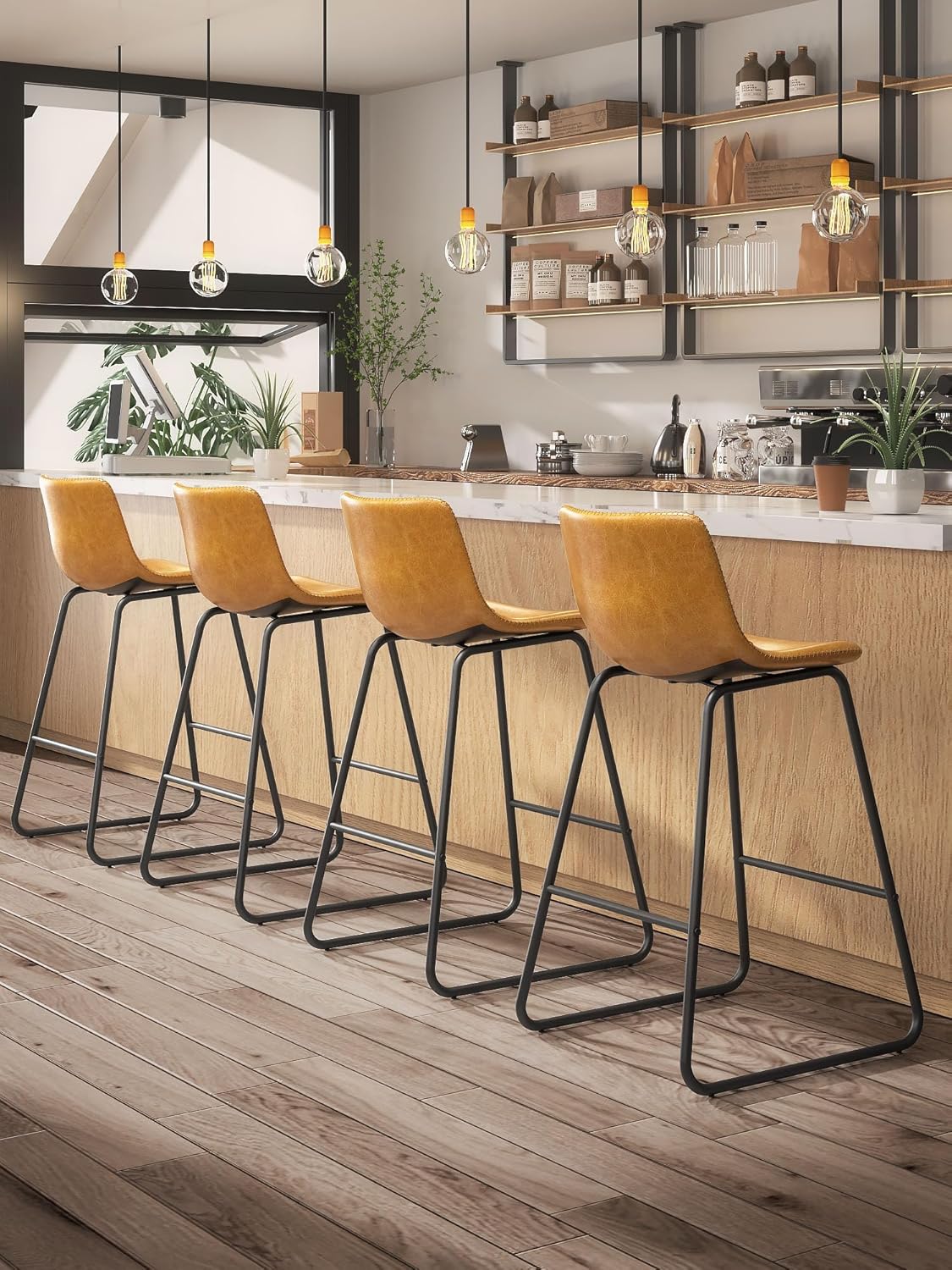 Bar Stools Set of 4, 26 Inches Counter Height Bar Stools with Back, Modern Faux Leather Barstools with Metal Legs and Footrest, Bar Chairs for Kitchens Island (Whiskey Brown)
