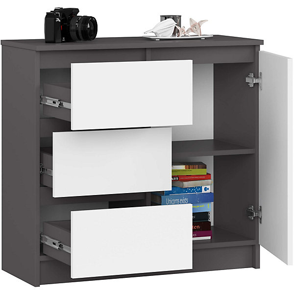 Commode AKORD JERRY Gris Graphite 80 cm 1 porte 3 tiroirs façade Blanche 2 étagères 80x35x77 cm