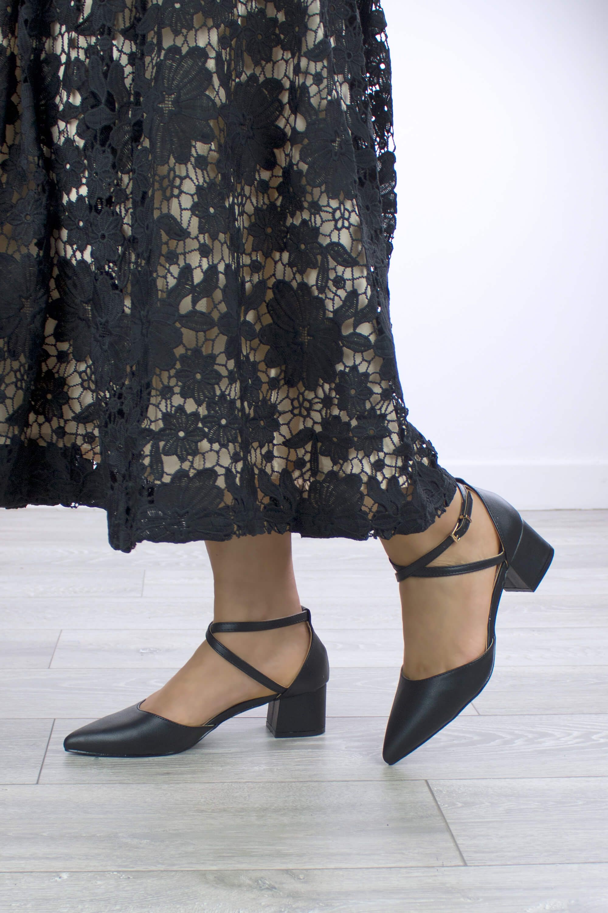 AJVANI Mid Heel Faux Leather Pointed Toe Evening Party Strappy Heels