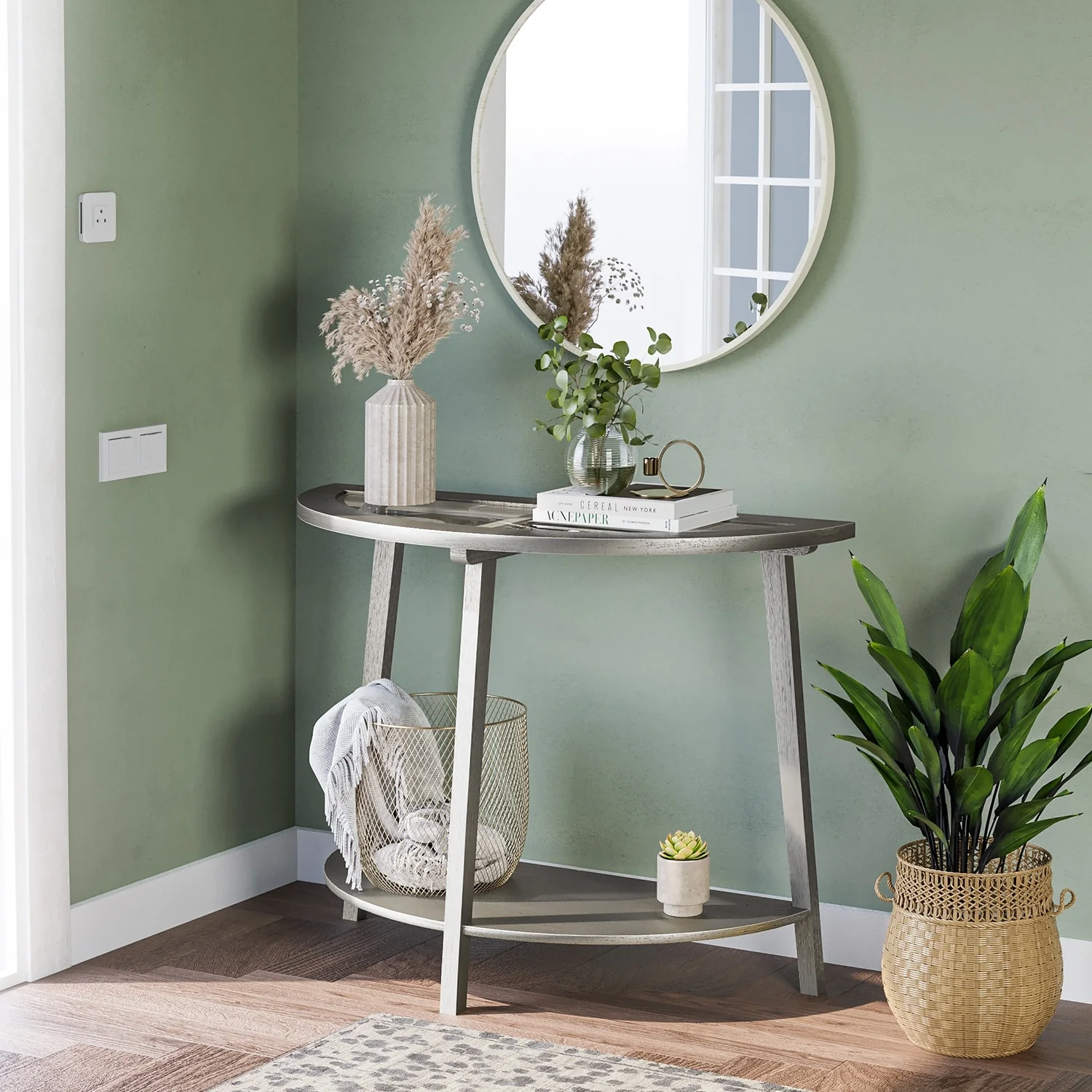 COSIEST Silver Console Table with Tempered Glass Top