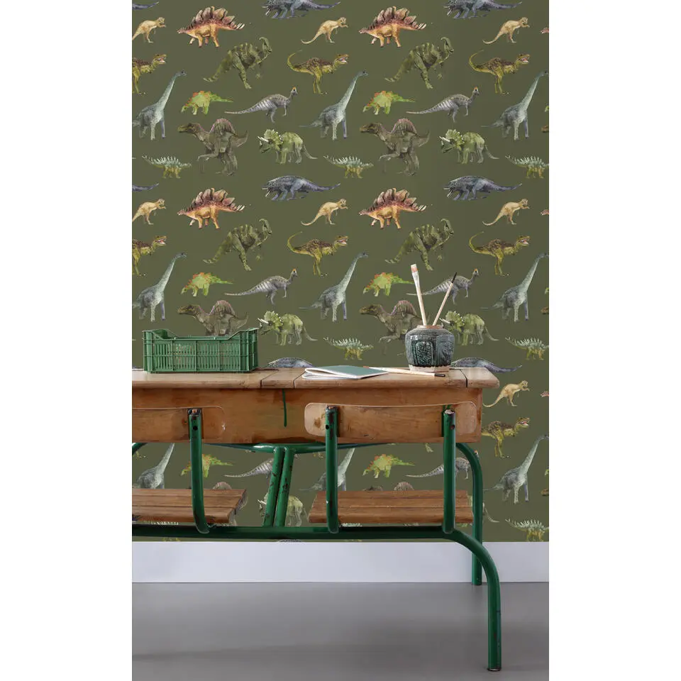 Sanders & Sanders behang dinosaurussen donkergroen - 50 x 900 cm