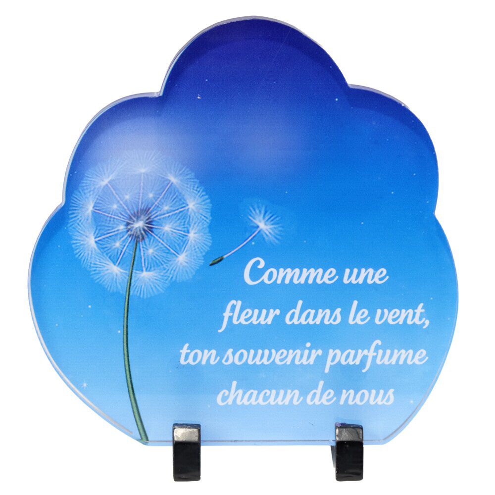 Plaque funéraire inscription nuage bleu pissenlit acrylique pied métal 18x8,5xH18,5cm