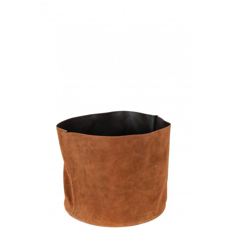 CUIR - Panier de rangement rond bas cuir marron