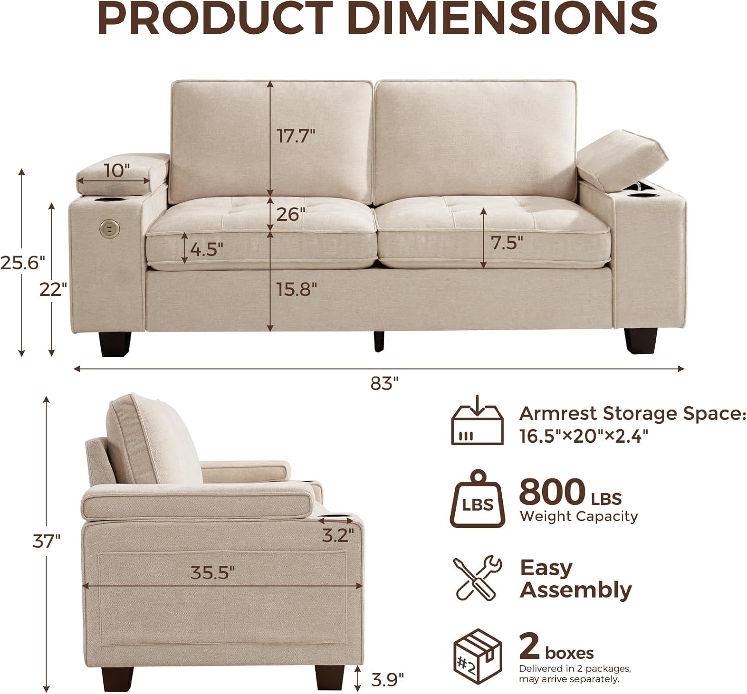84 Loveseat Sofa for Living Room with USB & Type-C Ports, Modern Chenille Love Seat Couch, Adjustable Storage Armrest, Cup Holders, Solid Wood Frame Deep Seat for Small Spaces (Beige, 84in)