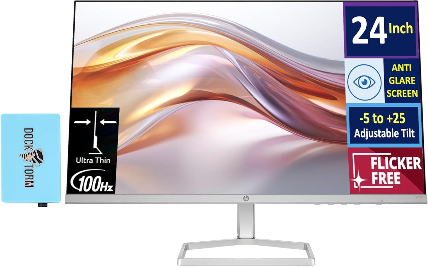 HP 24 100Hz 300 Nits IPS FHD (1920x1080) Monitor (Replaces M24f) with Docztorm Hub USB Port Expander  Flicker-Free  Adjustable Tilt  1x HDMI 1.4  1x VGA  Black/Silver (2026 Latest Model)