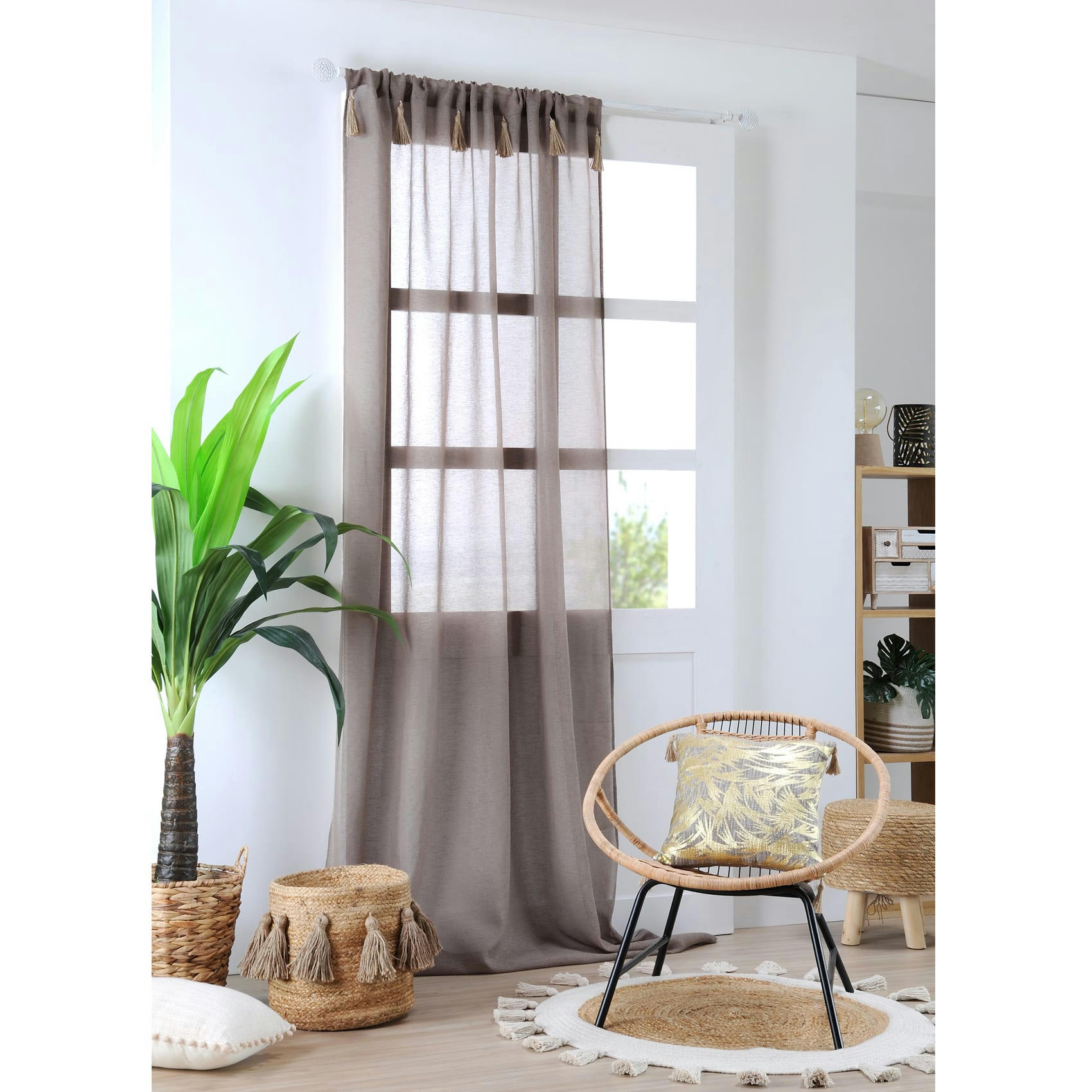 IBIZA - Voilage bohème à pompons en jute polyester taupe 260x140cm