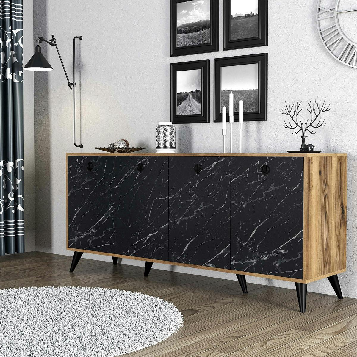 Buffet design moderne 4 portes, façade effet marbre noir UMEA