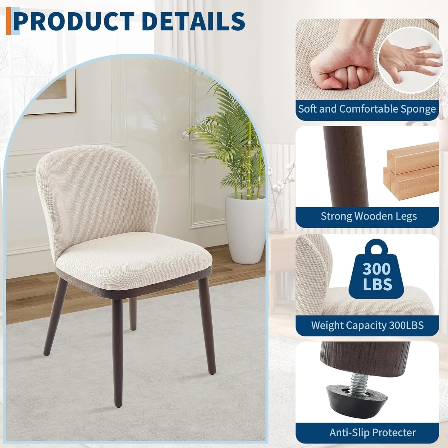 Dining Chair Set of 2, Modern Upholstered Kitchen Chairs with Ergonomic Back Support